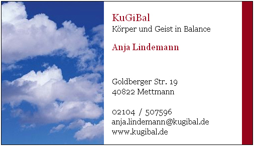 Visitenkarte / Kontaktdaten Anja Lindemann ; Mettmann ; KuGiBal + Körper und Geist in Balance Gesundheits- und Präventionscoach
